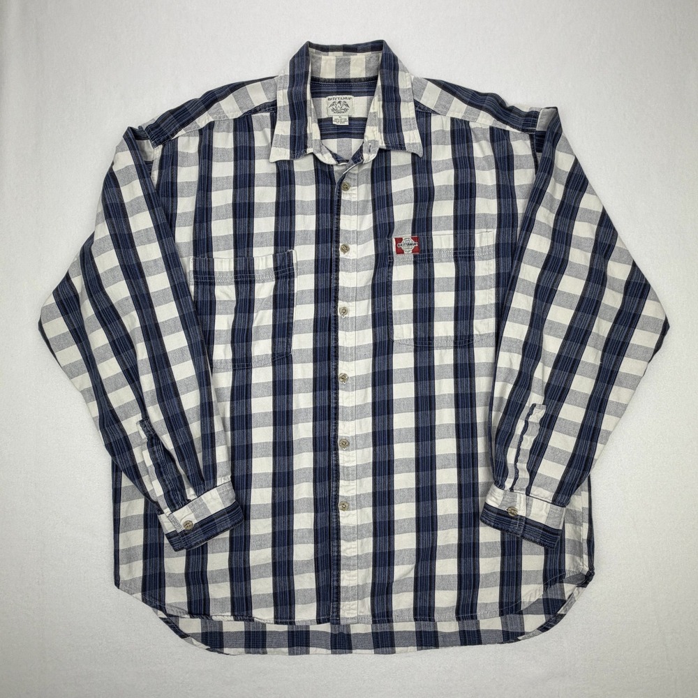 Vintage Brittania Mens XL Blue White Plaid Button Down Shirt 100% Cotton